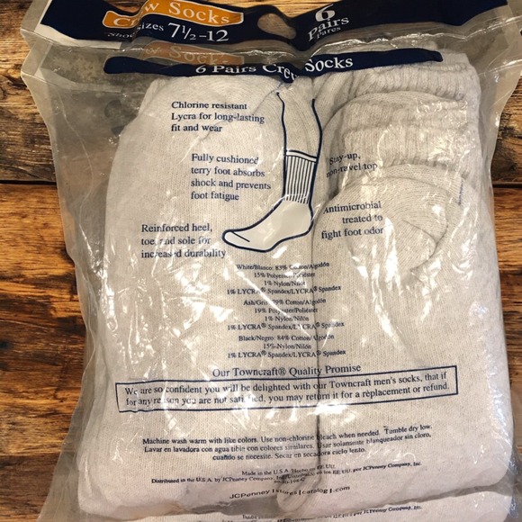 JC Penney Towncraft Crew Socks 7 1/2-12 Cotton Blend  6-Pack NIP  Vtg Gray - Picture 3 of 3